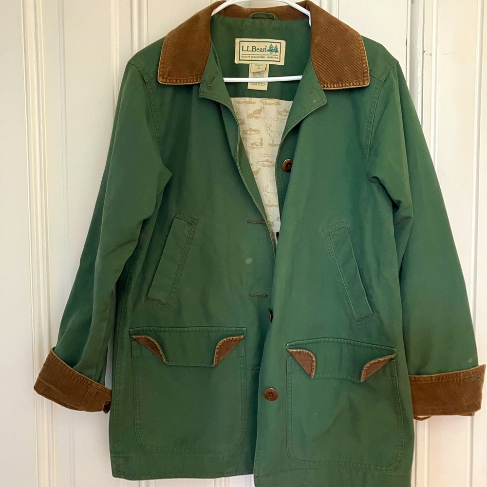 Vintage LL Bean chore coat barn jacket green, lined w/ corduroy details - OBO